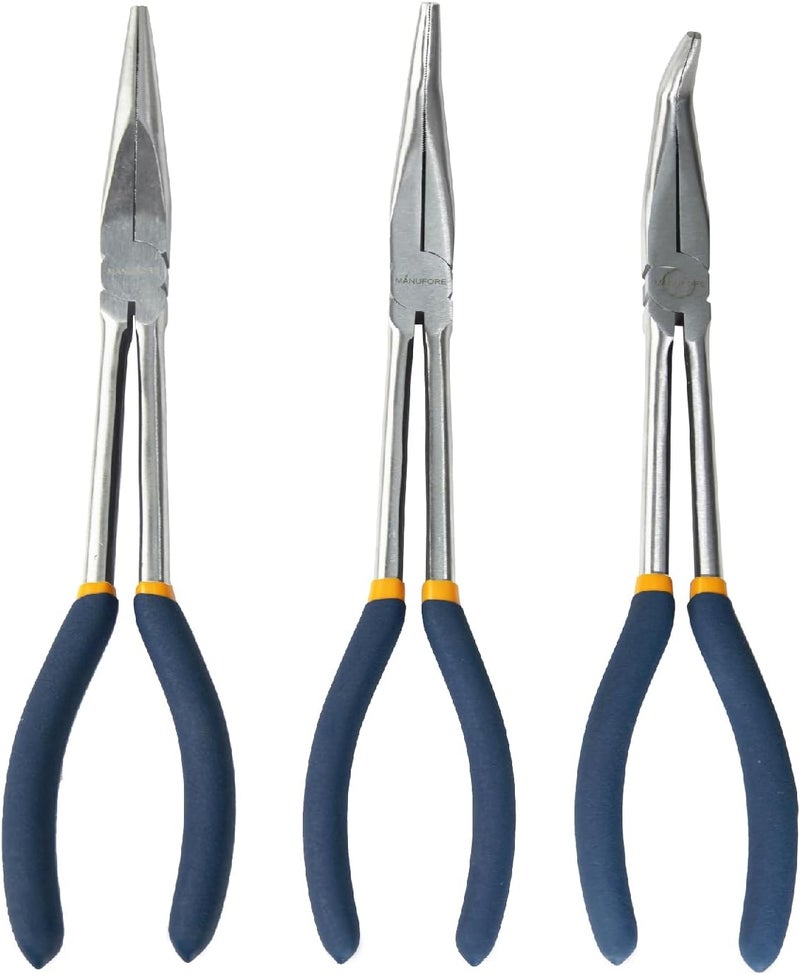 MANUFORE 11 in Long Reach Needle Nose Pliers 3-Piece Set - Straight, 45° Bent, and 90° Bent Heads - Household Tool Kit for Electrical, Repair, DIY - Image 1